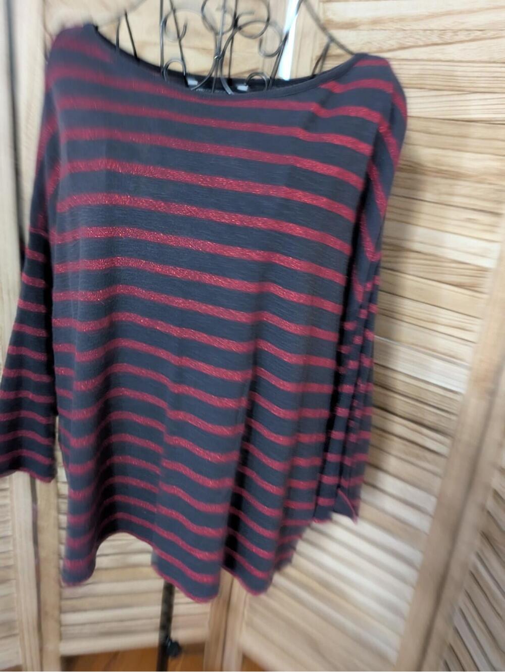 French Connection Navy Red Cotton Striped Boat Neck Long Sleeve TShirt Tee Large